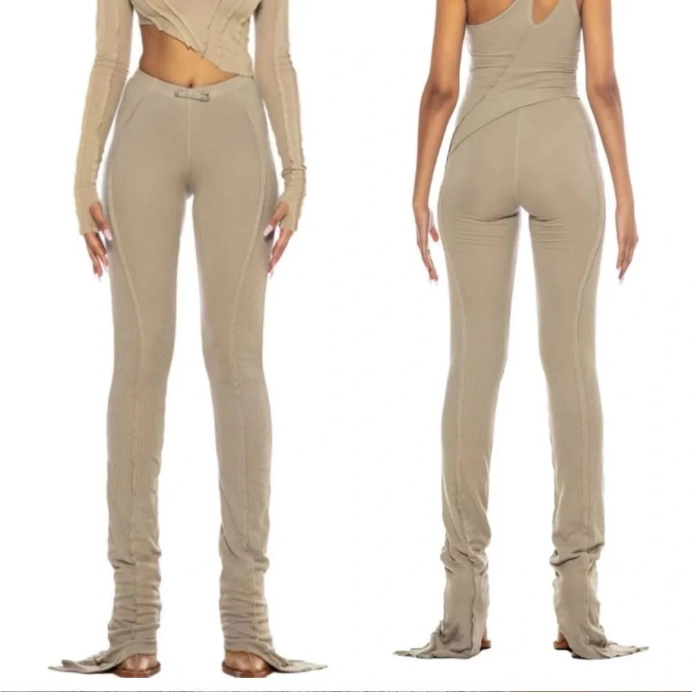 NWOT Sami Miro Vintage Asymmetric Pants In Taupe Rib Ribbed Raw Hem